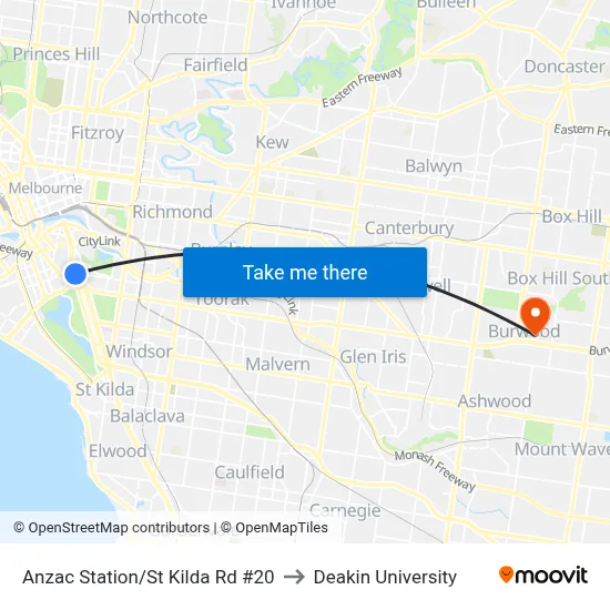 Anzac Station/St Kilda Rd #20 to Deakin University map