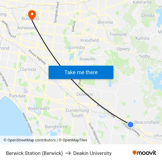 Berwick Station to Deakin University map
