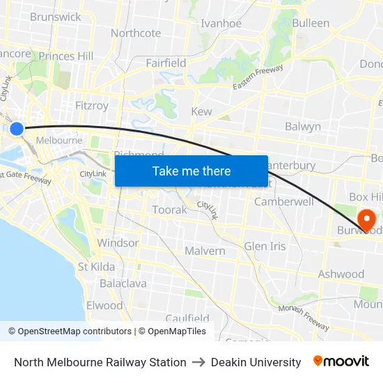 North Melbourne Railway Station to Deakin University map