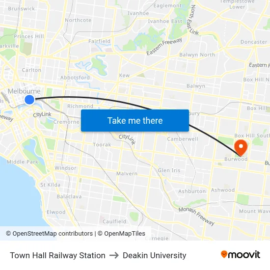 Town Hall Railway Station to Deakin University map