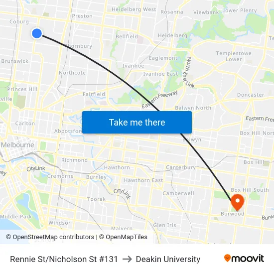 Rennie St/Nicholson St #131 to Deakin University map