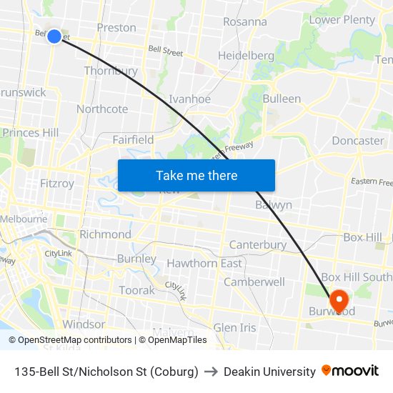 135-Bell St/Nicholson St (Coburg) to Deakin University map