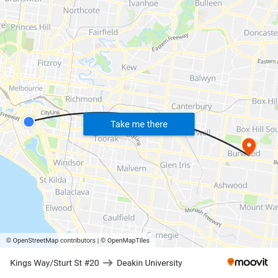 Kings Way/Sturt St #20 to Deakin University map