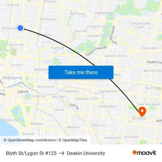 Blyth St/Lygon St #125 to Deakin University map