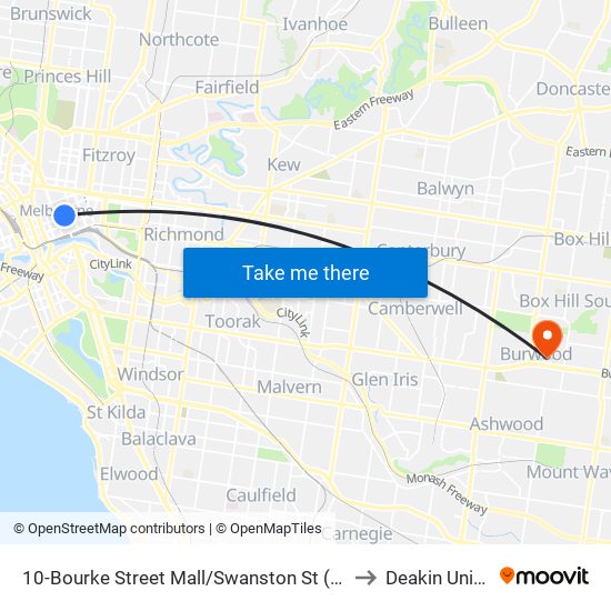 10-Bourke Street Mall/Swanston St (Melbourne City) to Deakin University map