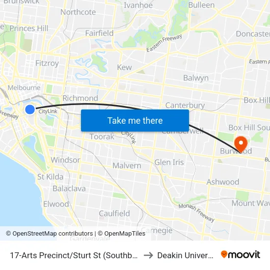 Arts Precinct/Sturt St #17 to Deakin University map