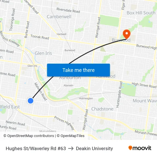 Hughes St/Waverley Rd #63 to Deakin University map