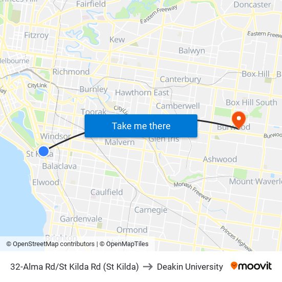 32-Alma Rd/St Kilda Rd (St Kilda) to Deakin University map