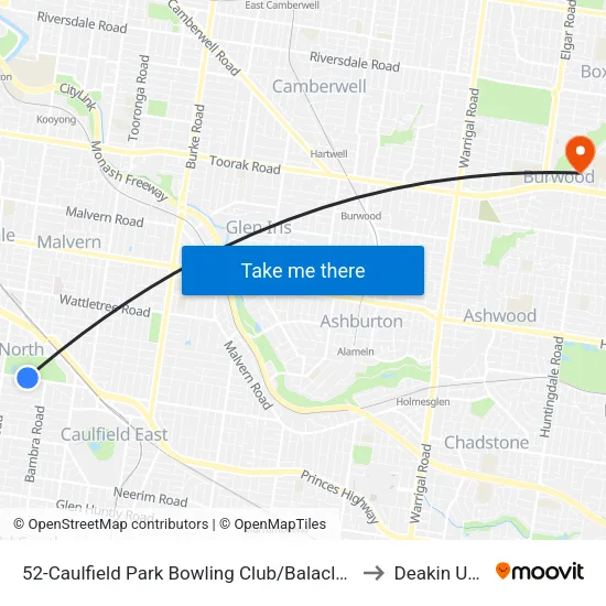 Caulfield Park Bowling Club/Balaclava Rd #52 to Deakin University map