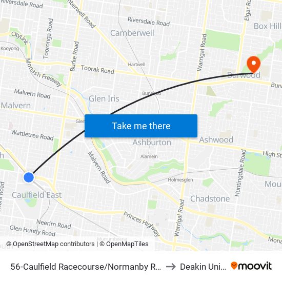 56-Caulfield Racecourse/Normanby Rd (Caulfield North) to Deakin University map