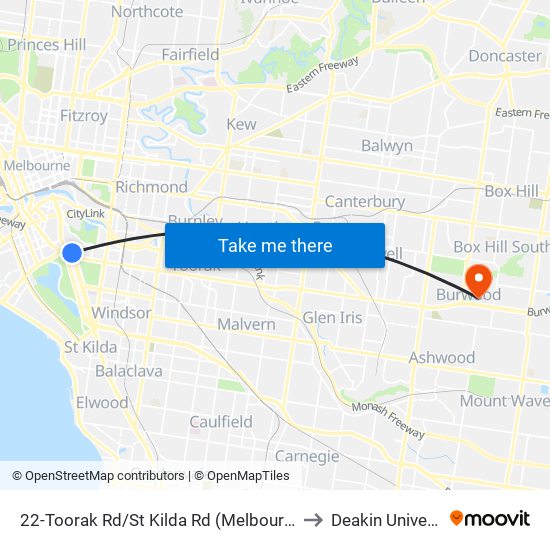 22-Toorak Rd/St Kilda Rd (Melbourne City) to Deakin University map