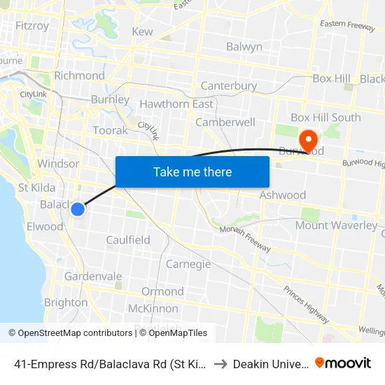Empress Rd/Balaclava Rd #41 to Deakin University map