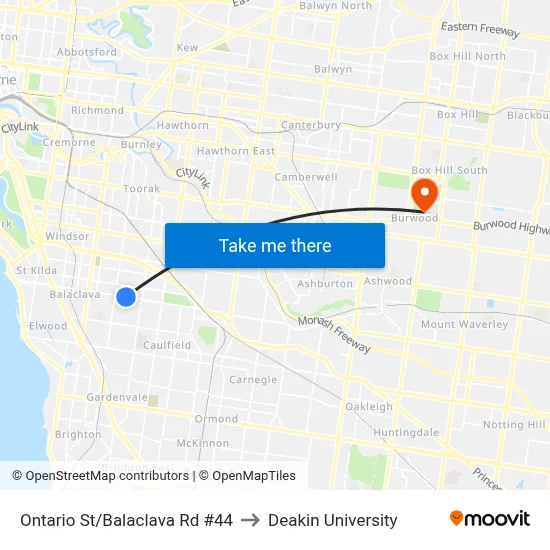 Ontario St/Balaclava Rd #44 to Deakin University map
