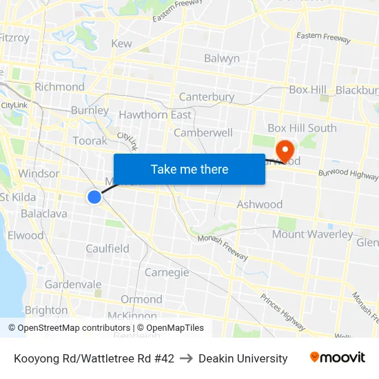 Kooyong Rd/Wattletree Rd #42 to Deakin University map