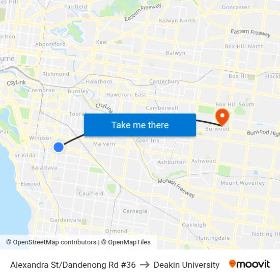 Alexandra St/Dandenong Rd #36 to Deakin University map