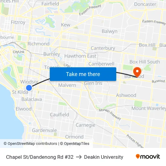 Chapel St/Dandenong Rd #32 to Deakin University map