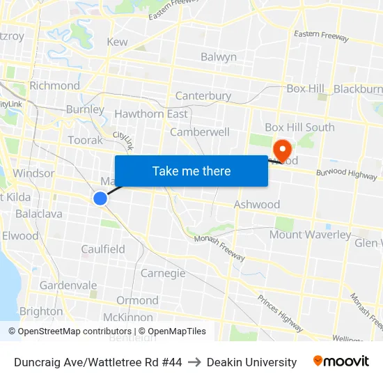 Duncraig Ave/Wattletree Rd #44 to Deakin University map