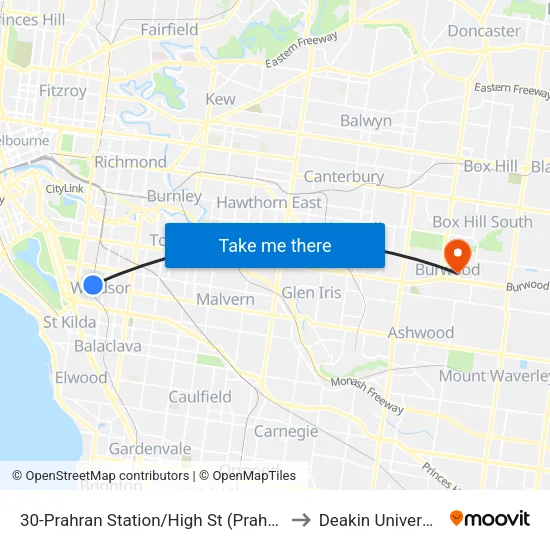 Prahran Station/High St #30 to Deakin University map