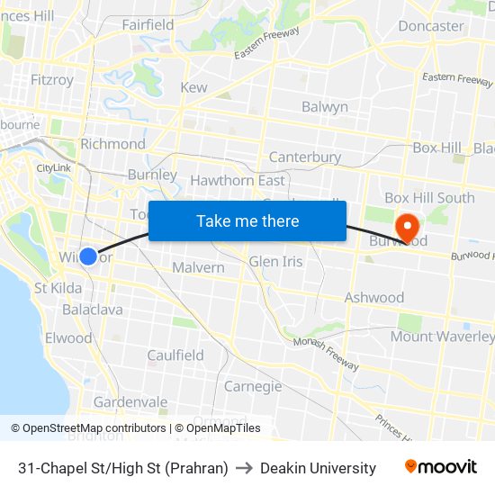 31-Chapel St/High St (Prahran) to Deakin University map