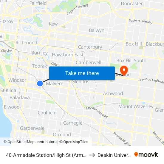 Armadale Station/High St #40 to Deakin University map