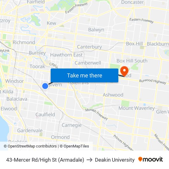 43-Mercer Rd/High St (Armadale) to Deakin University map