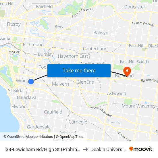 34-Lewisham Rd/High St (Prahran) to Deakin University map