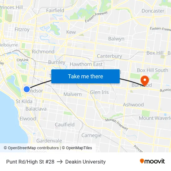 Punt Rd/High St #28 to Deakin University map