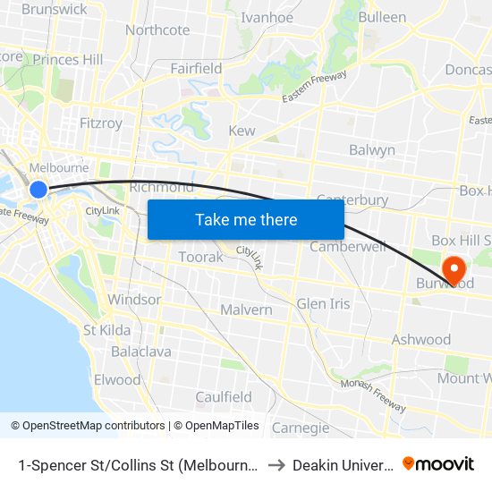 1-Spencer St/Collins St (Melbourne City) to Deakin University map