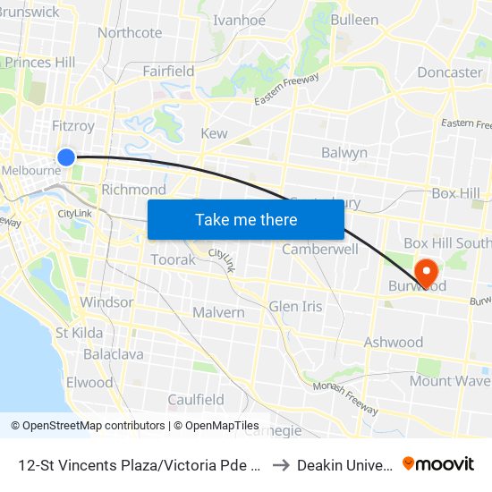 12-St Vincents Plaza/Victoria Pde (Fitzroy) to Deakin University map