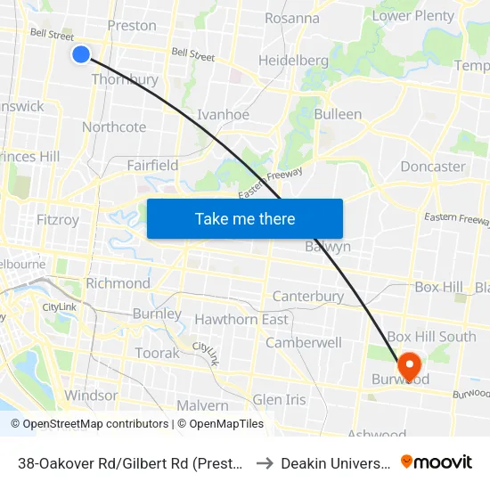 Oakover Rd/Gilbert Rd #38 to Deakin University map
