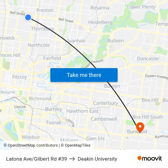 Latona Ave/Gilbert Rd #39 to Deakin University map