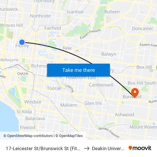 17-Leicester St/Brunswick St (Fitzroy) to Deakin University map