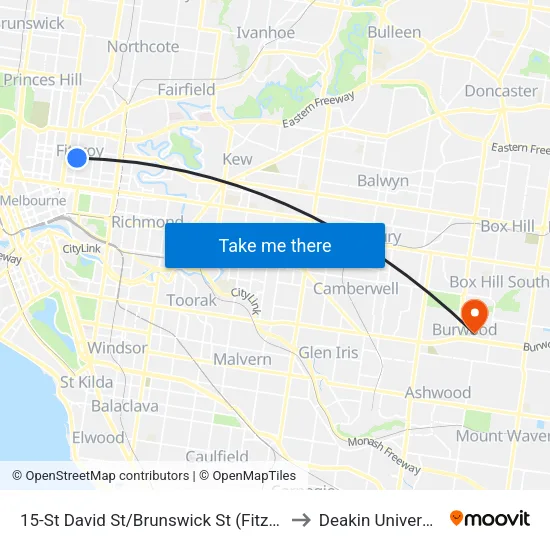 St David St/Brunswick St #15 to Deakin University map