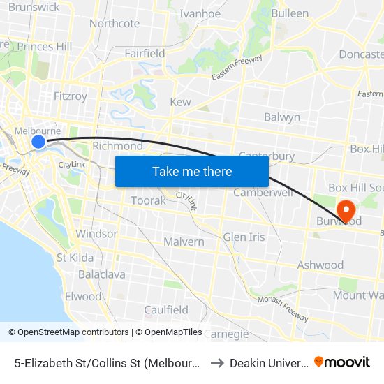 5-Elizabeth St/Collins St (Melbourne City) to Deakin University map