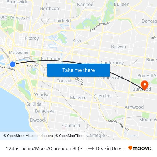 124a-Casino/Mcec/Clarendon St (Southbank) to Deakin University map