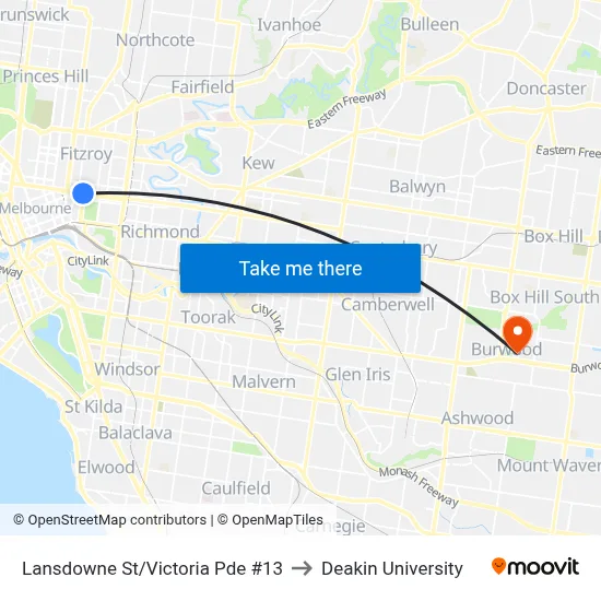 Lansdowne St/Victoria Pde #13 to Deakin University map
