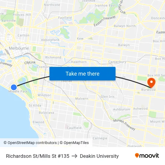 Richardson St/Mills St #135 to Deakin University map