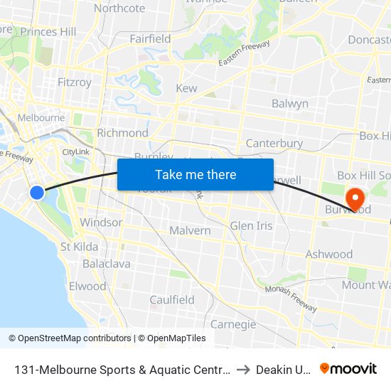 131-Melbourne Sports & Aquatic Centre/Albert Rd (Albert Park) to Deakin University map