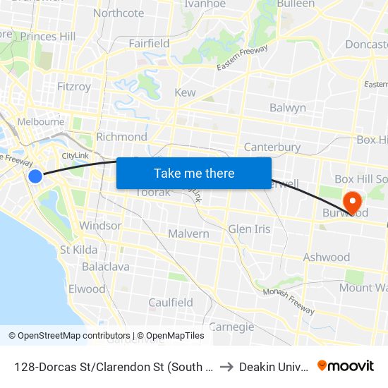 128-Dorcas St/Clarendon St (South Melbourne) to Deakin University map
