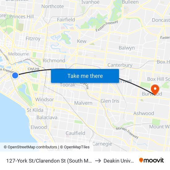 127-York St/Clarendon St (South Melbourne) to Deakin University map