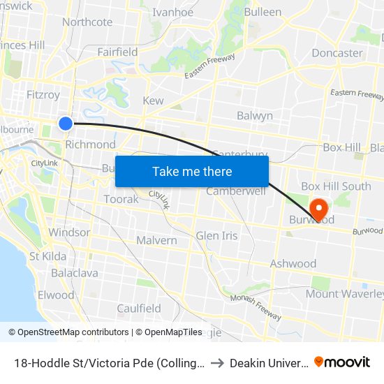 18-Hoddle St/Victoria Pde (Collingwood) to Deakin University map