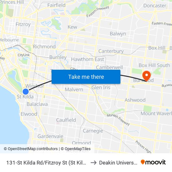 131-St Kilda Rd/Fitzroy St (St Kilda) to Deakin University map