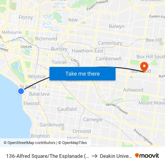136-Alfred Square/The Esplanade (St Kilda) to Deakin University map