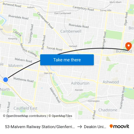 Malvern Railway Station/Glenferrie Rd #53 to Deakin University map