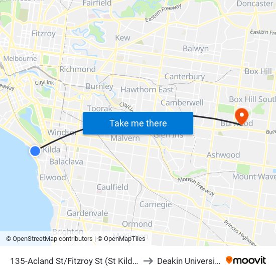 135-Acland St/Fitzroy St (St Kilda) to Deakin University map