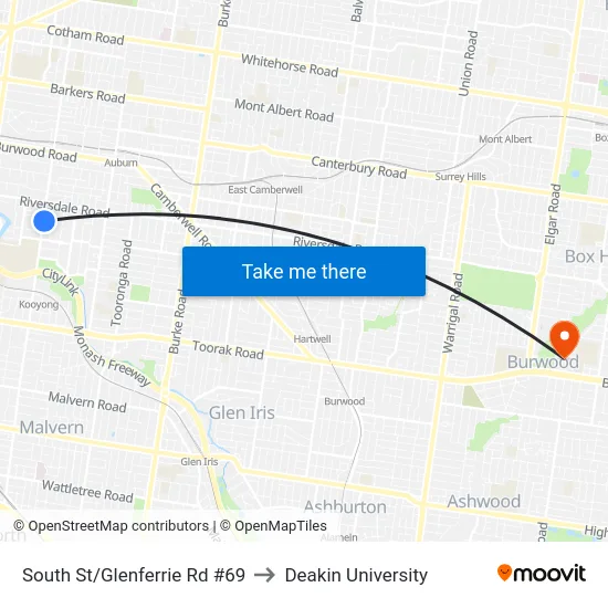 South St/Glenferrie Rd #69 to Deakin University map