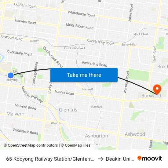 Kooyong Railway Station/Glenferrie Rd #65 to Deakin University map