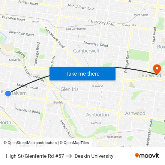 High St/Glenferrie Rd #57 to Deakin University map