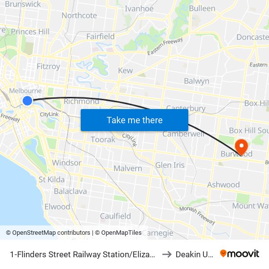 1-Flinders Street Railway Station/Elizabeth St (Melbourne City) to Deakin University map