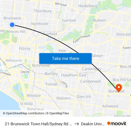 21-Brunswick Town Hall/Sydney Rd (Brunswick) to Deakin University map